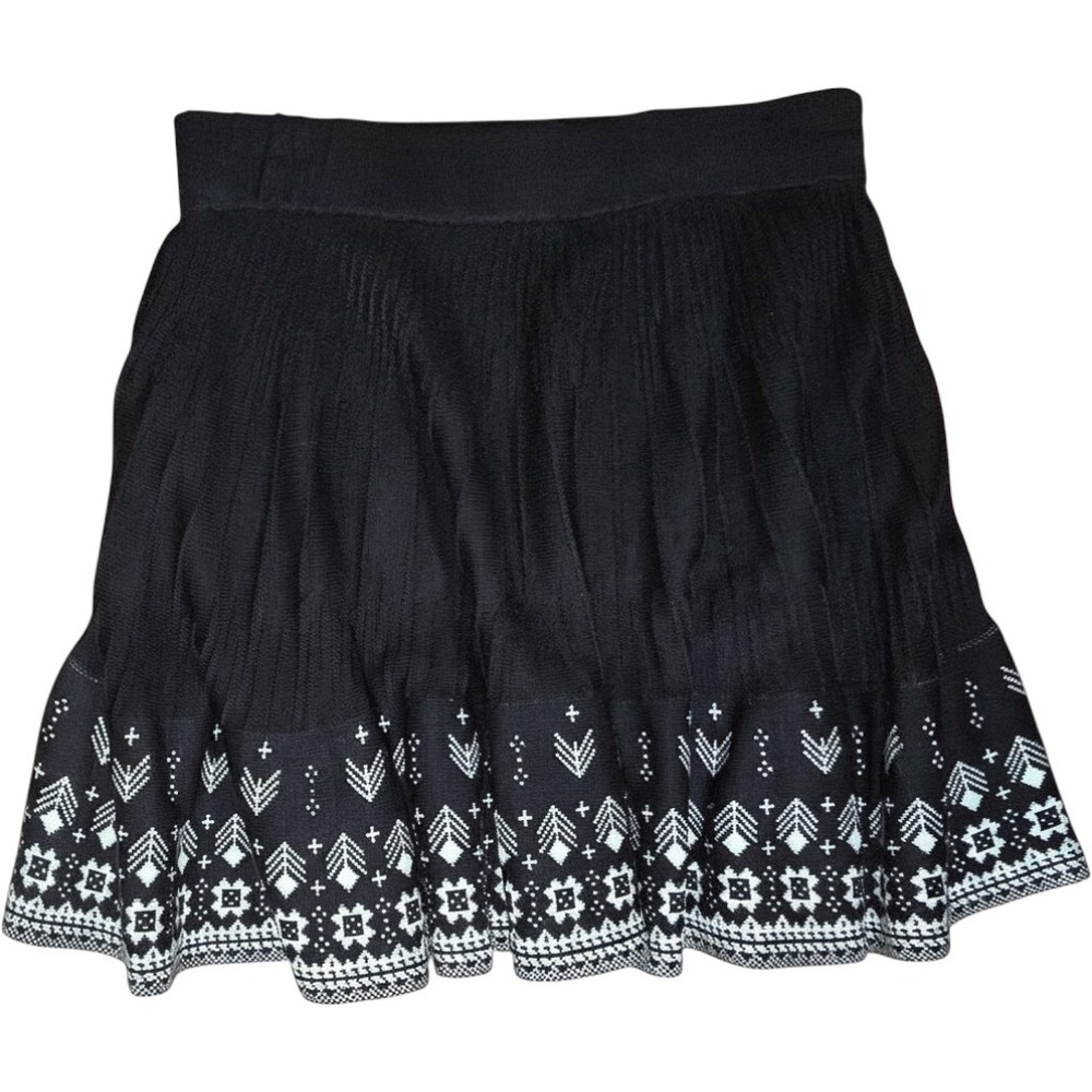 S OCHIRLY Black White Embroidered Pleated Knit Skater Skirt Women's Faire Isle